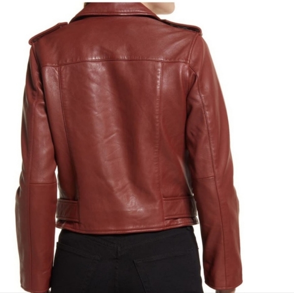 All Saints Balfern Leather Biker Jacket Fire Red Moto Burgundy Maroon Size 4 - Picture 2 of 7